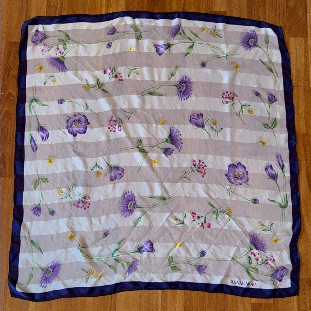 Vintage HANAE MORI Floral SILK foulard scarf Purple